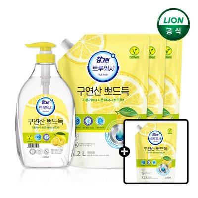 참그린 구연산 뽀드득 주방세제 레몬 본품 1kg 1개+1.2L 리필 3개+리필 1개 더