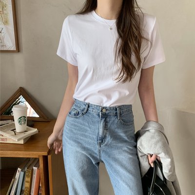 쫀득 면 스판 여성 티셔츠 라운드 레이어드 이너 티셔츠 기본 여자흰티 봄 여름 여자 반팔티