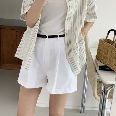 벨트SET 하이웨스트 핀턱 4부 반바지 여름바지 여성 반바지 면 숏팬츠 핫팬츠 화이트