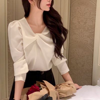 퍼프소매 반팔 긴팔 언발 꼬임 새틴 블라우스 bs8176