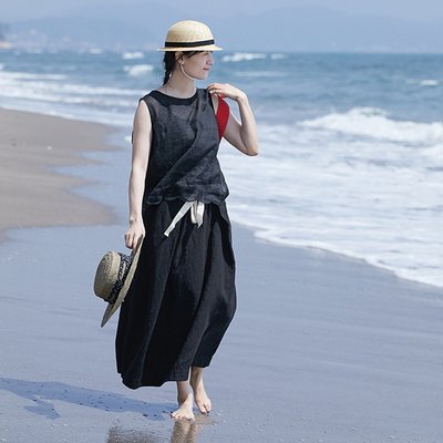하마마스 린넨 핀턱 A라인 밴딩 롱스커트 미시옷