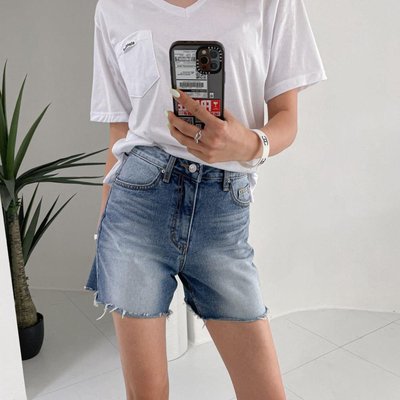 여자 빈티지 캣브러쉬 워싱 4부 컷팅 포켓 청반바지