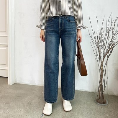여자 데님 중청 코튼 워싱 와이드 팬츠 청바지