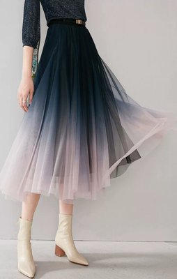 하객룩 그라데이션 샤 롱스커트 레이어드 망사 캉캉 A라인 밴딩 안감내장