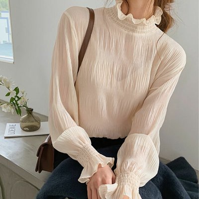 레이어드 프릴 목폴라 블라우스 여성 이너 주름 시폰 티셔츠 데일리 하이넥 블라우스