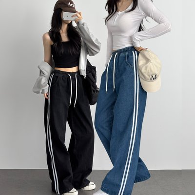 아디다스 청바지 와이드 데님 트랙 테이프 라인 팬츠