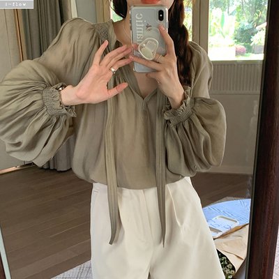 로렐 오버핏 새틴 쉬폰 매듭 벌룬 블라우스 2col 가을 봄 밴딩 시스루 루즈 제이플로우