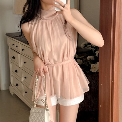 홀터넥 셔링 쉬폰 타이 블라우스 bs8614