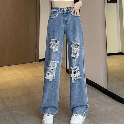 여자 와이드 찢어진 연청바지 일자 여름 하이웨스트